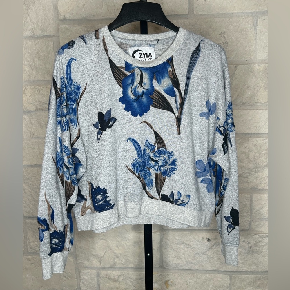 Zyia Large Women’s Sweater Active Wear Crew Neck Floral Print Blue Brown Gray